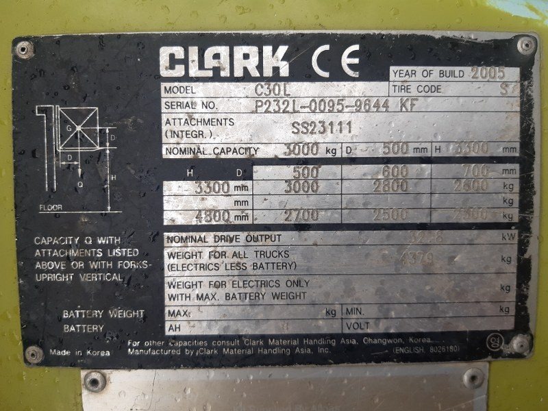 
								Clark 3000kg capacity LPG forklift with 3 stage mast and sideshift full									